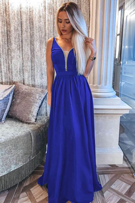 Blue Side Split Rhinestone V Neck Maxi ...